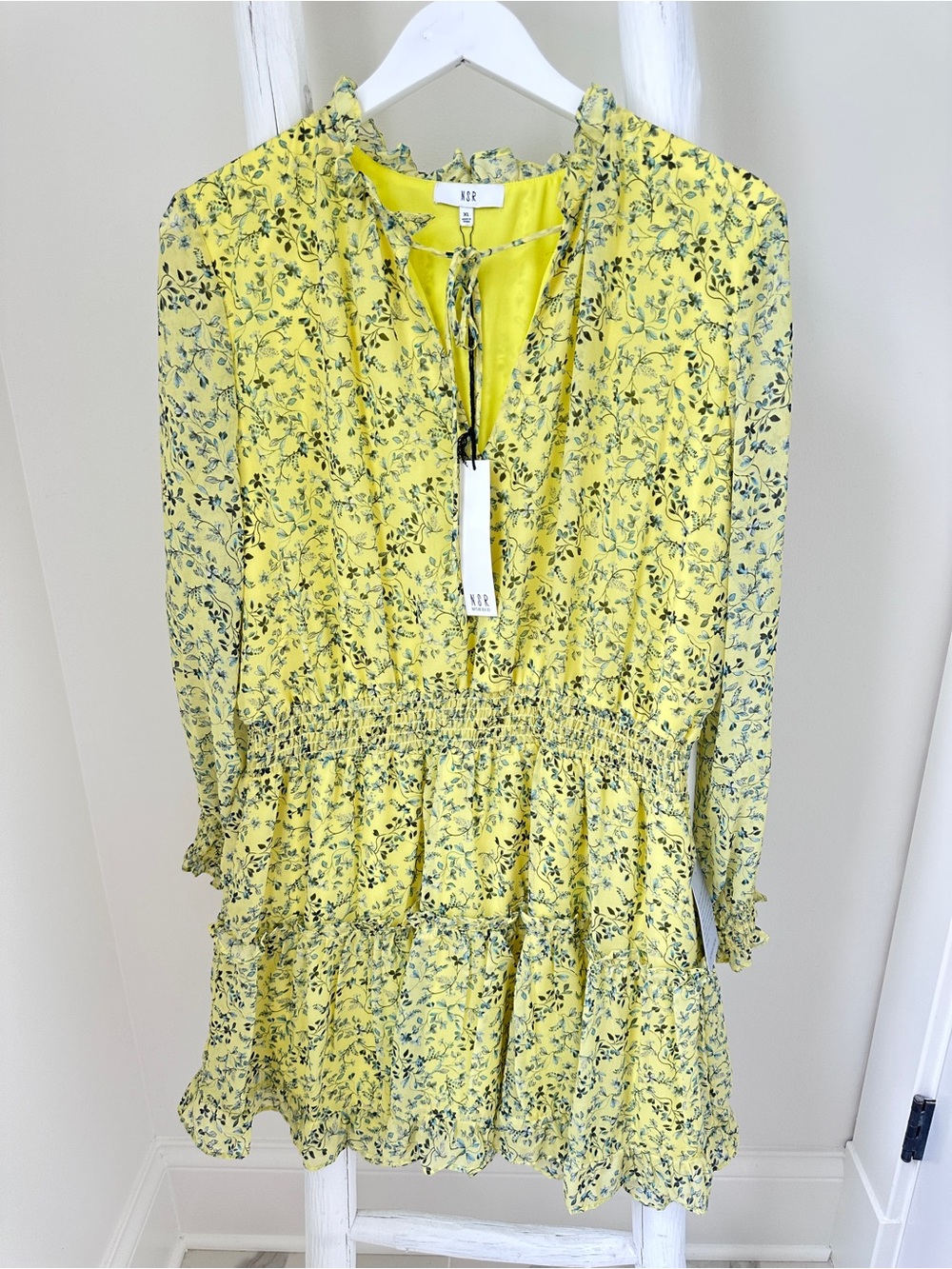 NSR Yellow Floral Tie-Neck Tiered Smock Waist Dress Size XL